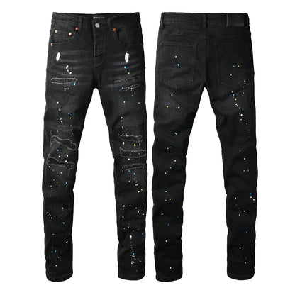Men Streetwear Skinny Jeans Black Wash with Distressed Details and Multi - Color Paint Splash 9121