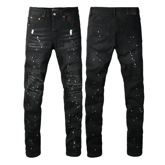 Men Streetwear Skinny Jeans Black Wash with Distressed Details and Multi - Color Paint Splash 9121