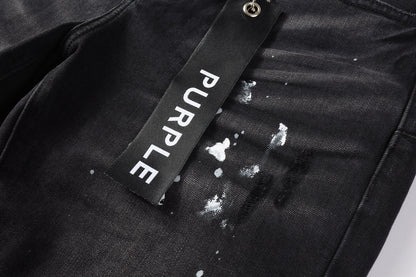 Men Streetwear Denim Shorts Black Wash with White Paint Splashes and Raw Hem 5002