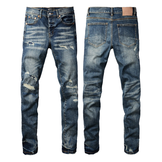 Men Classic Streetwear Jeans Distressed Dark Blue Ripped skinny 9096