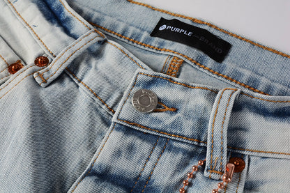 Men Streetwear Skinny Jeans Light Blue Wash with White Paint Splatter and Subtle Distress 9006