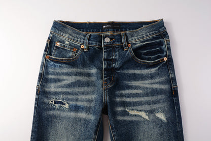 Men Classic Streetwear Jeans Distressed Dark Blue Ripped skinny 9096