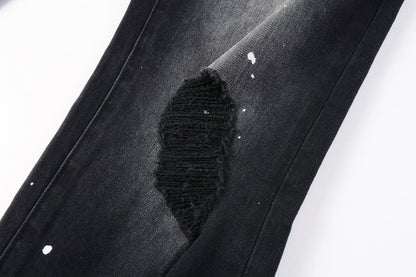 Men Streetwear Jeans Distressed Black Paint Splash Patch Ripped skinny 9099