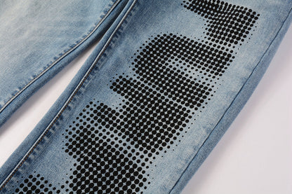 Men Streetwear Skinny Jeans Light Blue Wash with Black Pixelated Pattern Print 9052