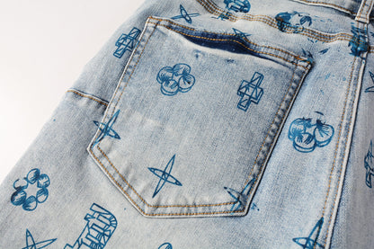 Men Streetwear Denim Shorts Light Blue Wash with Blue Graphic Print and Raw Hem 5063