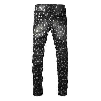 Men Classic Street Skinny Jeans Dark Grey Monogram Print All Over Distressed Style 9112