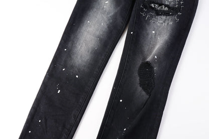 Men Streetwear Jeans Distressed Black Paint Splash Patch Ripped skinny 9099