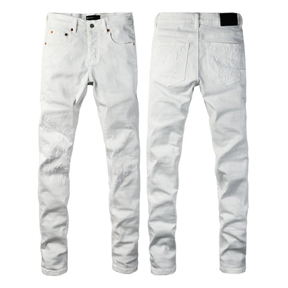 Men Designer Streetwear Skinny Jeans Solid White with 3D Embossed Monogram Pattern 9113