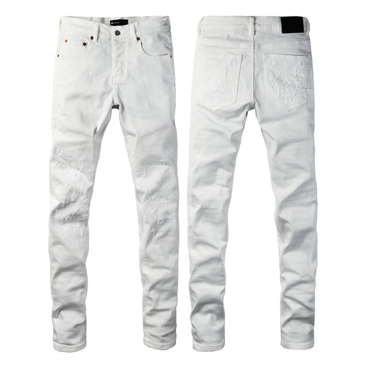 Men Designer Streetwear Skinny Jeans Solid White with 3D Embossed Monogram Pattern 9113