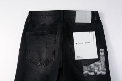 Men Streetwear Skinny Jeans Black Wash with Distressed Rips, Checkered Patches and White Paint Splatter 9001