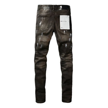 Men Streetwear Skinny Jeans Dark Gray Wash with White Paint Splatter and Distressed Rips 9030