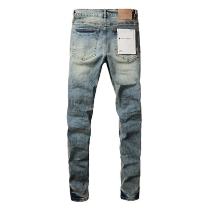 Men Streetwear Skinny Jeans Light Blue Wash with Patchwork Distressed Details 9015