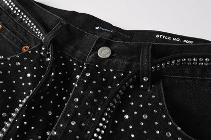 Men Streetwear Black Denim Shorts with Allover Rhinestone Studs and Zipper Details 5095