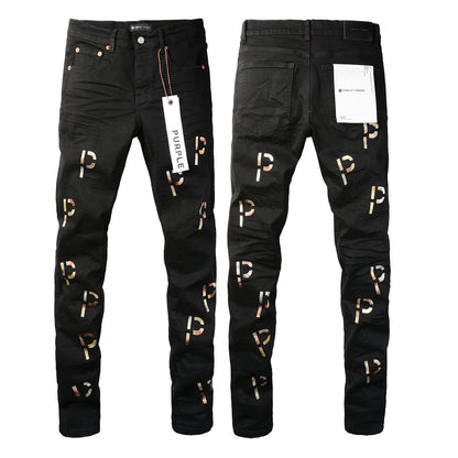 Men Streetwear Skinny Jeans Black Wash with All-Over Metallic Gold "P" Print 9008