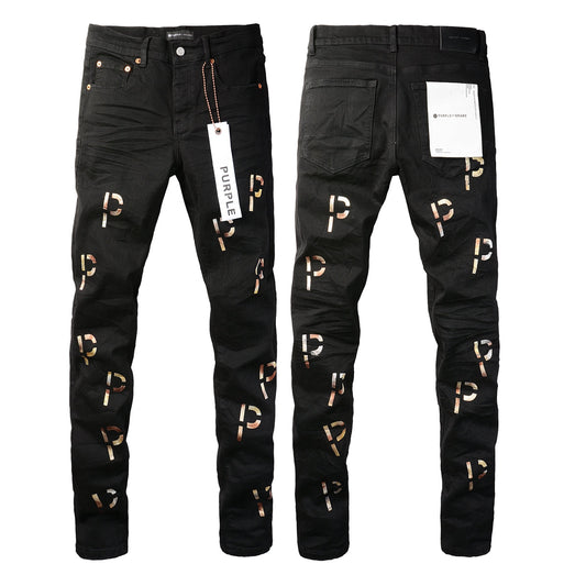 Men Streetwear Skinny Jeans Black Wash with All-Over Metallic Gold "P" Print 9008