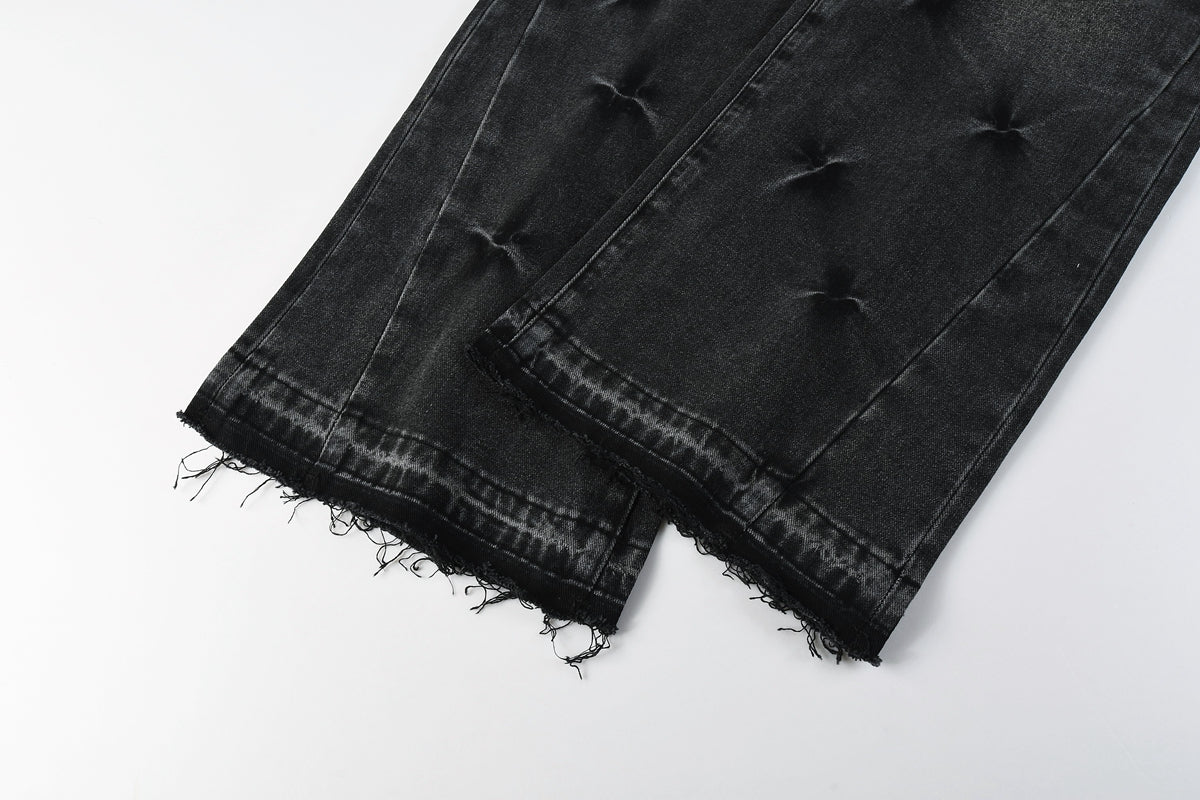 Men Streetwear Wide-Leg Jeans Black Gray Wash with 3D Pinched Pleats