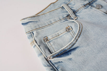 Men Streetwear Denim Shorts Light Blue Wash with Distressed Rips and Raw Hem 5088