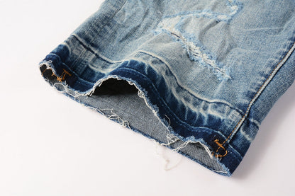 Men Streetwear Denim Shorts Light Blue Wash with Distressed Rips and Contrast Blue Hem 5013