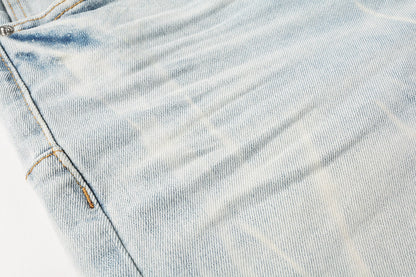 Men Streetwear Denim Shorts Light Blue Wash with Washed Distressed Raw Hem 5017