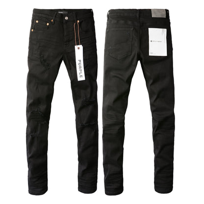 Men Streetwear Skinny Jeans Black Wash with Distressed Rip Details 9022