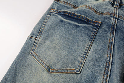 Men Streetwear Skinny Jeans Light Blue Wash with Patchwork Distressed Details 9015