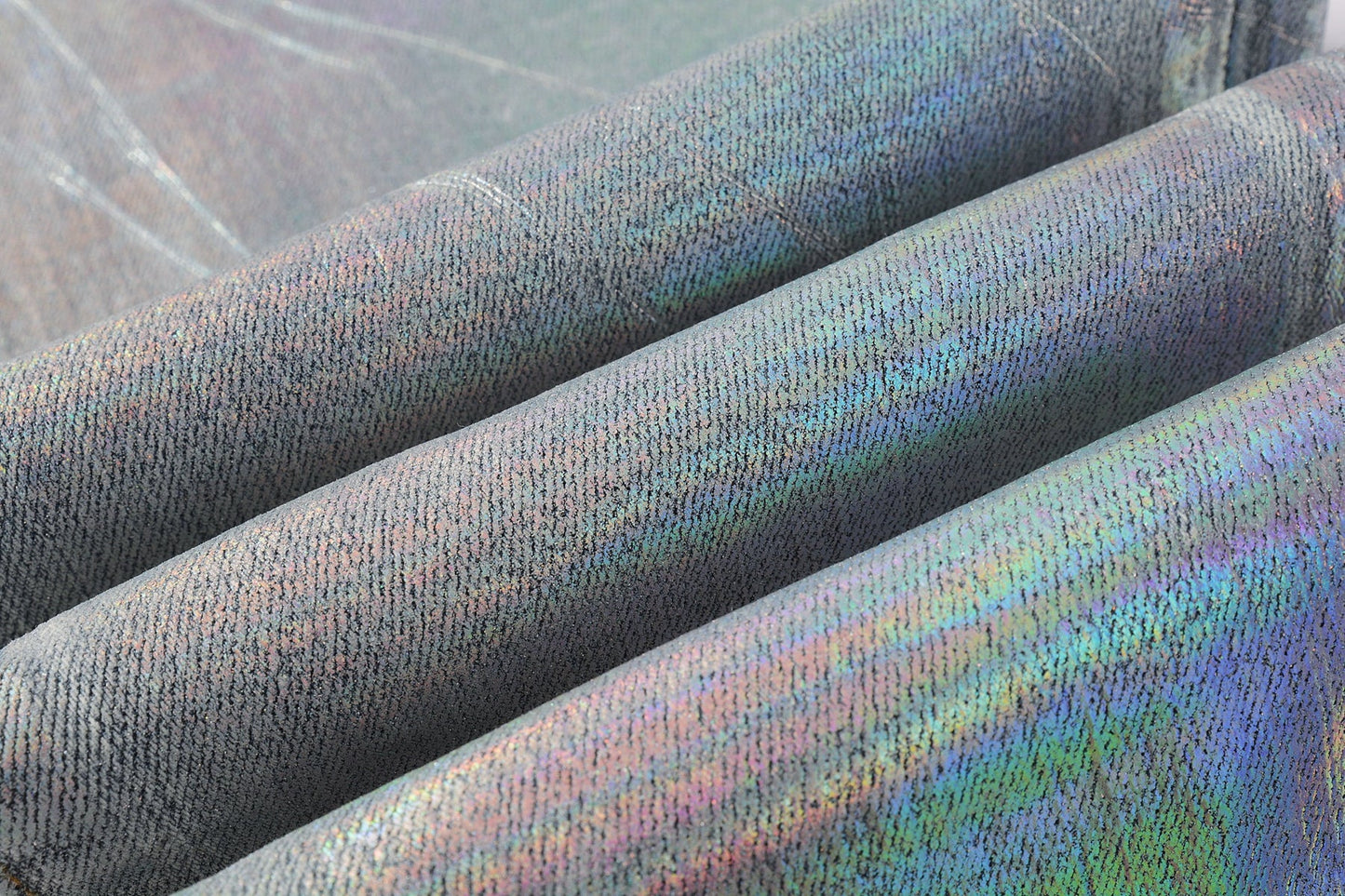 Men Streetwear Skinny Jeans Light Blue Wash with Holographic Iridescent Finish 9005