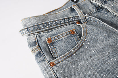 Men Streetwear Straight Denim Shorts Grey Wash with Rhinestone Speckles and Seam Accents 5096