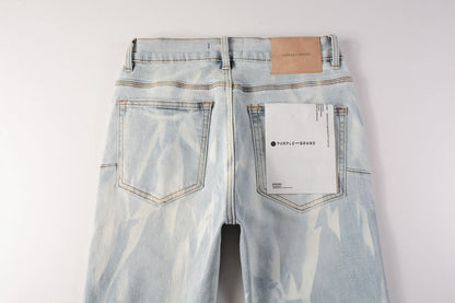 Men Streetwear Skinny Jeans Light Blue Wash with White Brushstroke Texture 7017