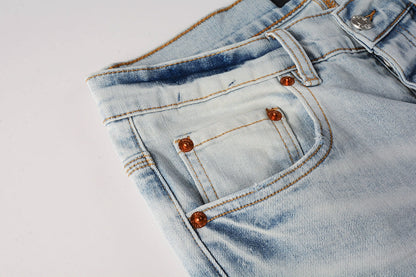 Men Streetwear Skinny Jeans Light Blue Wash with White Paint Splatter and Subtle Distress 9006