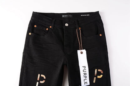 Men Streetwear Skinny Jeans Black Wash with All-Over Metallic Gold "P" Print 9008