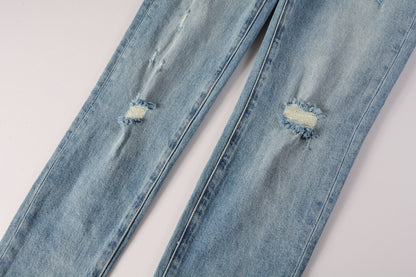 Men Streetwear Skinny Jeans Light Blue Wash with Subtle Distressed Ripped Details 9075