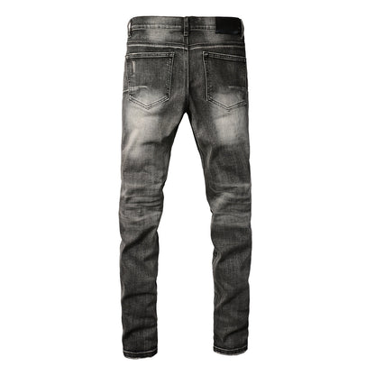 Men Classic Streetwear Jeans Distressed Grey Ripped skinny Fit 9103