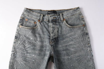 Men Streetwear Light Blue Denim Shorts with Radial White Rhinestone Designs 5093