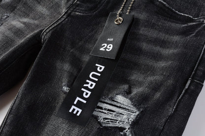 Men Streetwear Skinny Jeans Dark Gray Wash with Heavy Distressed Ripped Details 9079