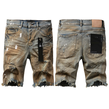 Men Streetwear Denim Shorts Brownish Wash with White Paint Splashes and Distressed Raw Hem 5012