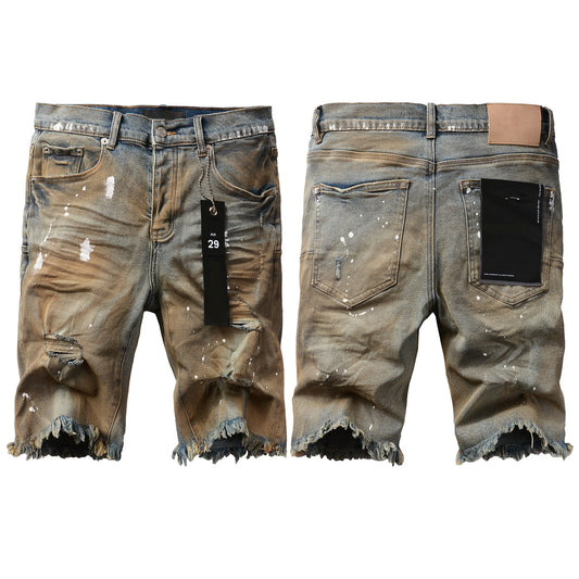 Men Streetwear Denim Shorts Brownish Wash with White Paint Splashes and Distressed Raw Hem 5012