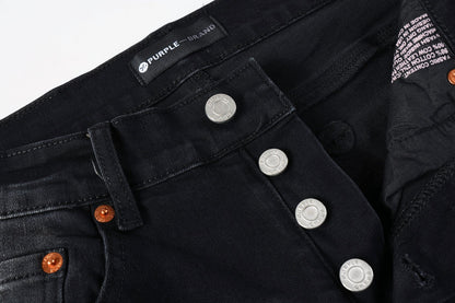 Men Streetwear Skinny Jeans Black Wash with Distressed Rips, Checkered Patches and White Paint Splatter 9001