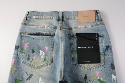 Men Streetwear Denim Shorts Light Blue Wash with Colorful Paint Splashes and Distressed Raw Hem 5066