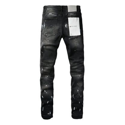 Men Streetwear Skinny Jeans Black Fade Wash with White Paint Splatter and Distressed Rips 9002