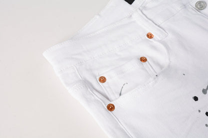 Men Streetwear Skinny Jeans White Wash with Black Paint Splatter and Distressed Rip 9021