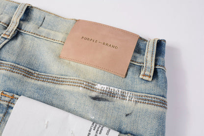 Men Streetwear Skinny Jeans Light Blue Wash with White Paint Splatter and Distressed Rips 9007