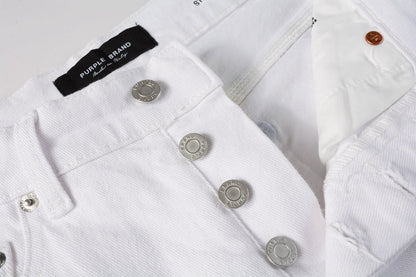 Men Streetwear Denim Shorts White Wash with Black Paint Splatter Print and Raw Hem 5021