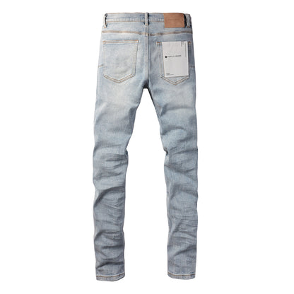 Men Streetwear Skinny Jeans Light Blue Wash with Knee Ripped Details and Black Lining 9010
