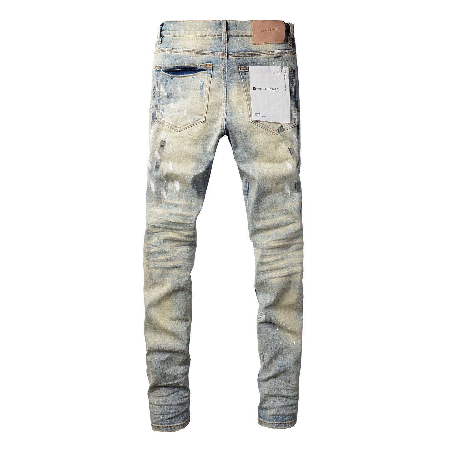 Men Streetwear Skinny Jeans Light Blue Wash with White Paint Splatter and Distressed Rips 9007