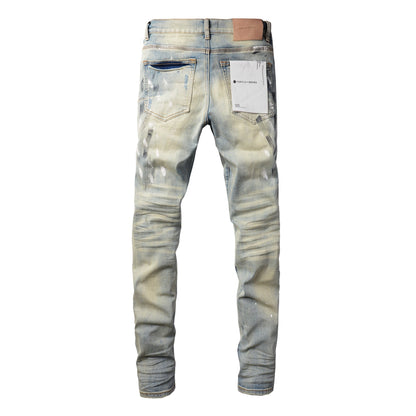 Men Streetwear Skinny Jeans Light Blue Wash with White Paint Splatter and Distressed Rips 9007