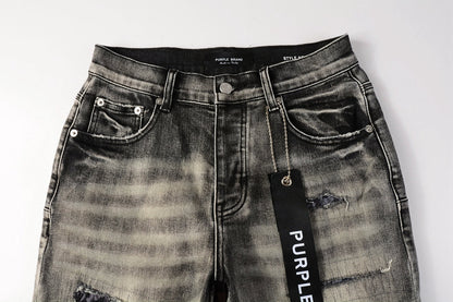 Men Streetwear Denim Shorts Grey Black Wash with Leopard Print Ripped Details and Raw Hem 5068