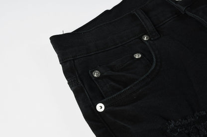 Men Streetwear Black Denim Shorts with Distressed Ripped Details and Raw Hem 5108