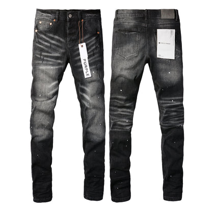 Men Streetwear Skinny Jeans Black - Gray Fade Wash with White Paint Specks 9027