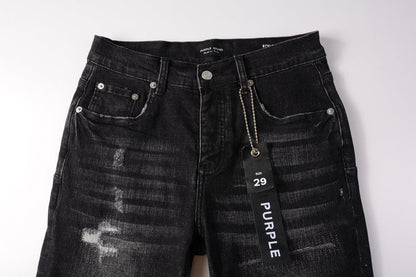 Men Streetwear Denim Shorts Black Wash with Distressed Rips and Raw Hem 5083
