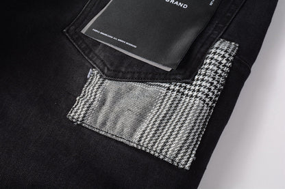 Men Streetwear Denim Shorts Black Wash with Distressed Rips and Plaid Patches 5001